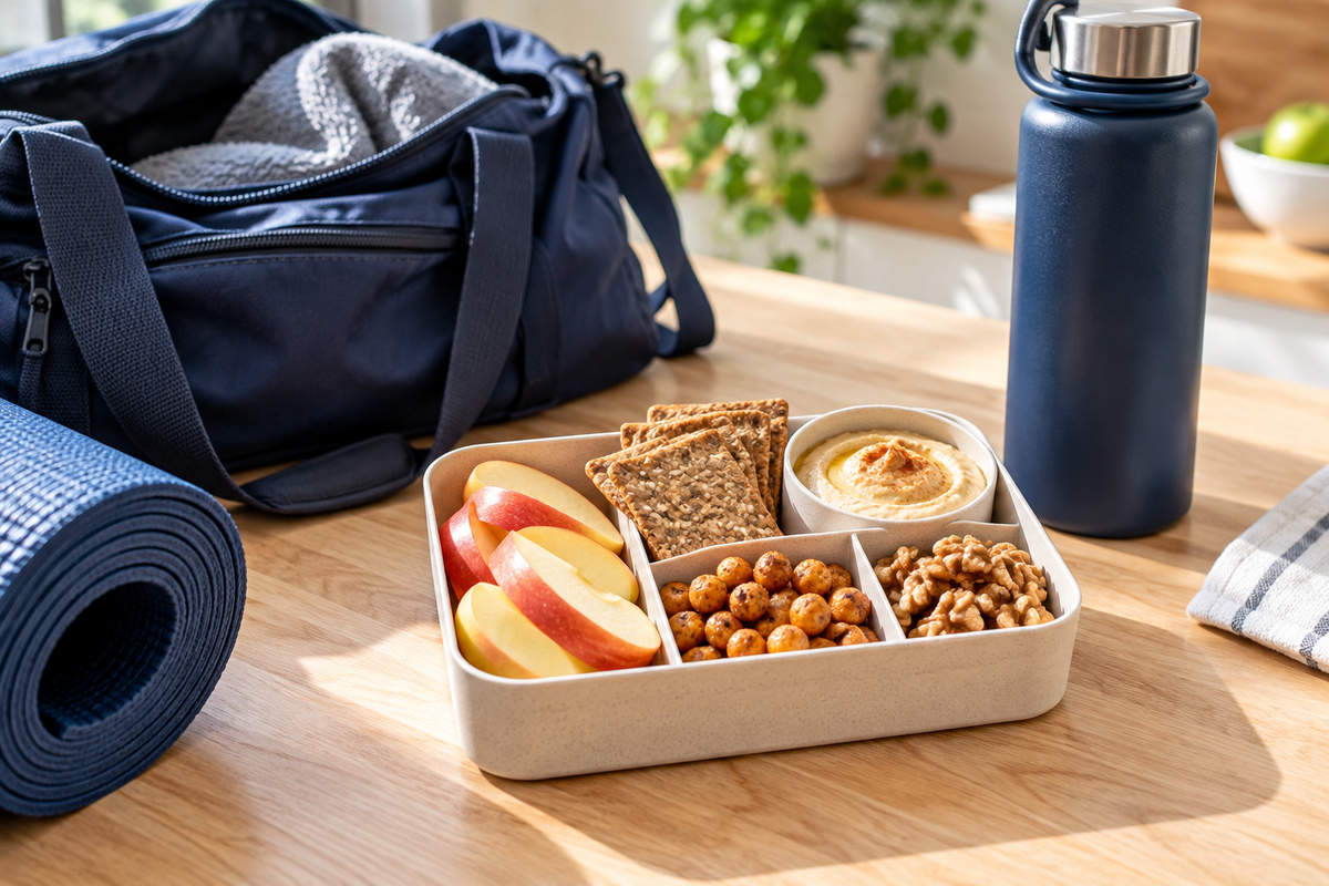 Balanced snack box with apple slices, whole-grain crackers, hummus, roasted chickpeas and walnuts beside a gym bag and water bottle