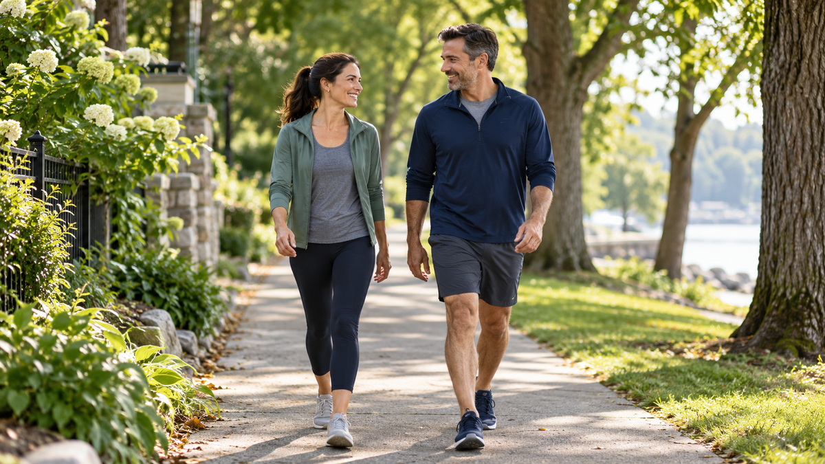 Two adults taking a walking break on a sunny tree-lined neighborhood path