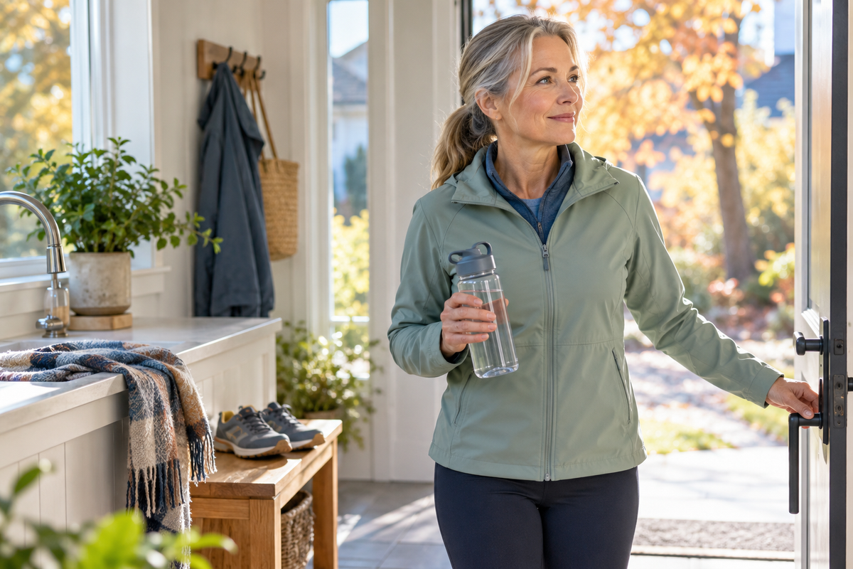 Adult in a light jacket carrying a reusable water bottle before a cool autumn walk