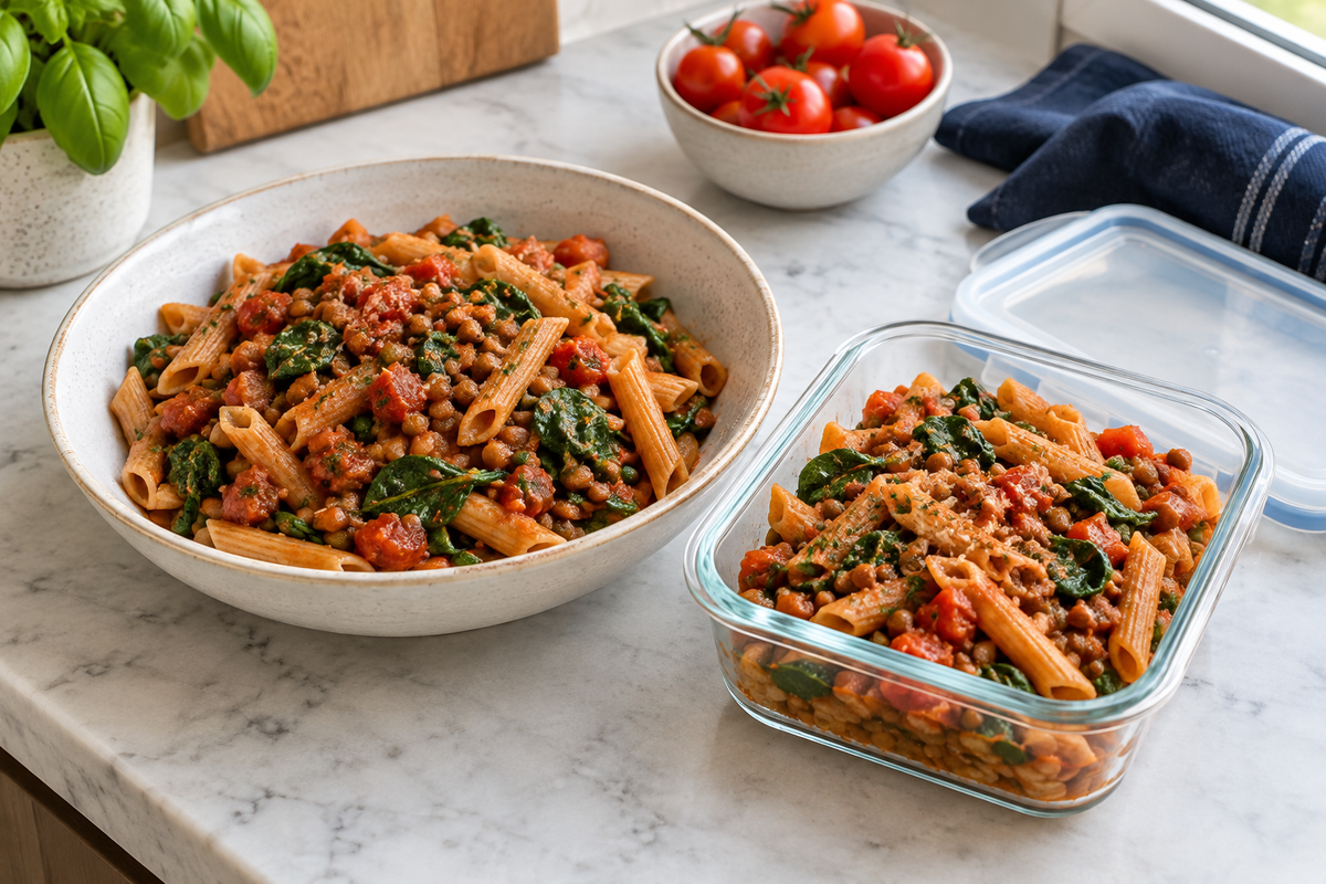 Lentil tomato pasta with spinach in a dinner bowl beside a glass container portioned for lunch