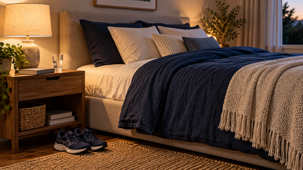 Warm bedside lamp, book and glass of water beside a navy-covered bed, with running shoes neatly placed on the floor.
