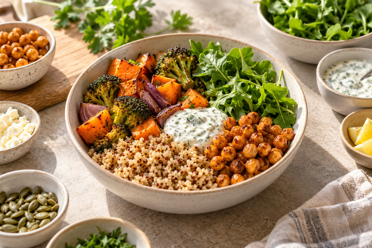 Flexible weeknight bowl with quinoa, chickpeas, roasted vegetables, greens and herb yogurt sauce