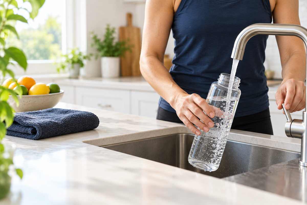 Active adult refilling a clear water bottle before a daytime workout