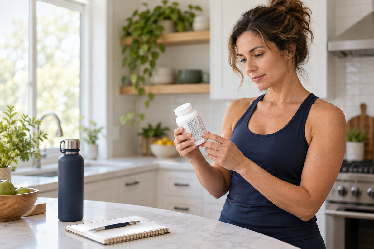 Active adult woman reading a dietary supplement bottle label at a bright kitchen counter