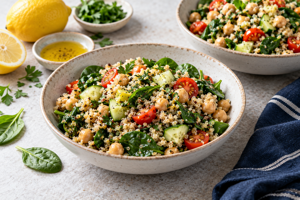 Mediterranean chickpea quinoa bowl with cucumber, spinach and tomatoes