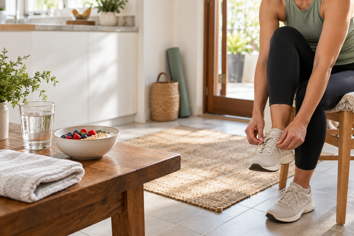 Active adult tying walking shoes beside water, a yogurt and berry bowl, a towel and an exercise mat