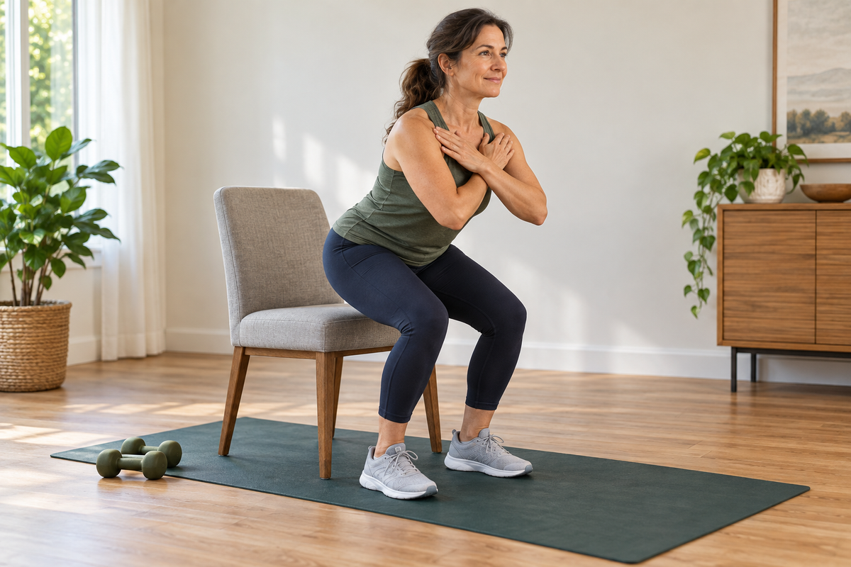 Middle-aged woman performing a controlled chair sit-to-stand in a bright home workout space