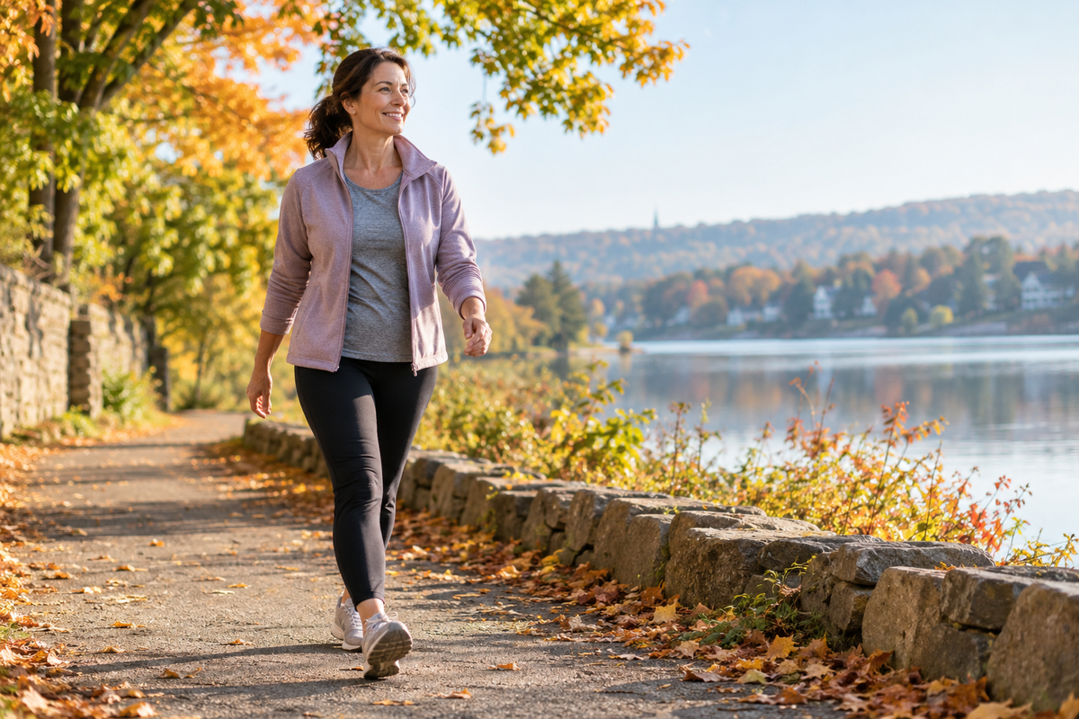 Adult walking at a comfortable pace on a lakeside path in autumn