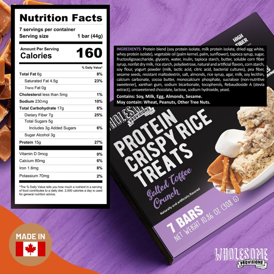 Salted Toffee Protein Rice Crispy Treats - 15g Protein, Low Carb 4g Net, High Fiber, Soft & Chewy