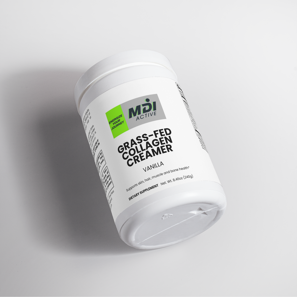 Vanilla Grass-Fed Collagen Creamer tub, angled view