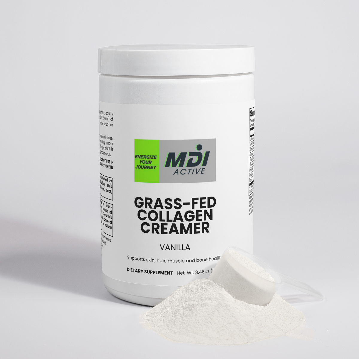 Vanilla Grass-Fed Collagen Creamer tub with scoop and powder