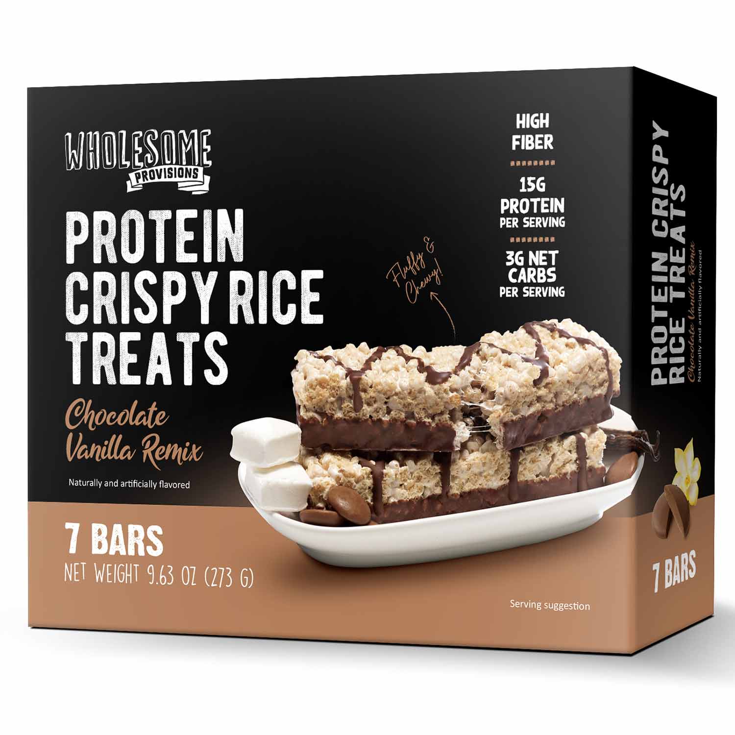 Chocolate Vanilla Protein Rice Crispy Treats - 15g Protein, Low Carb 3g Net, High Fiber, Soft & Chewy