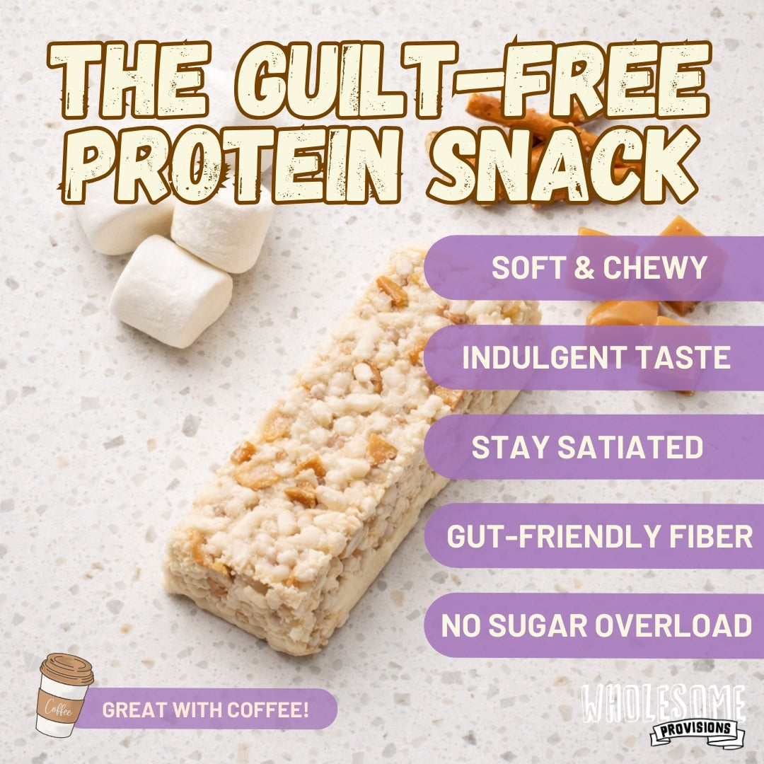 Salted Toffee Protein Rice Crispy Treats - 15g Protein, Low Carb 4g Net, High Fiber, Soft & Chewy