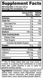 Supplement Facts and ingredients for vanilla Grass-Fed Collagen Creamer