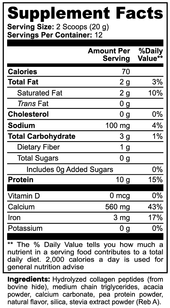 Supplement Facts and ingredients for vanilla Grass-Fed Collagen Creamer