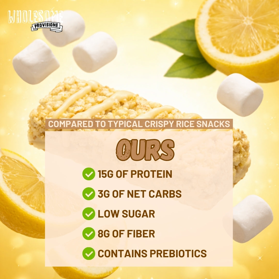 Lemon Glaze Protein Rice Crispy Treats - 15g Protein, Low Carb 4g Net, High Fiber, Soft & Chewy