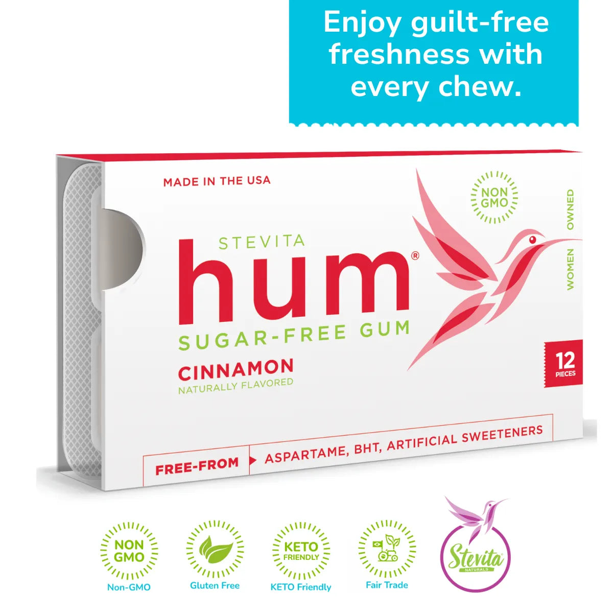 Stevita Hum Cinnamon Sugar-Free Gum – Keto-Friendly, Non-GMO, Gluten-Free Gum - 12 Pieces, Single Pack