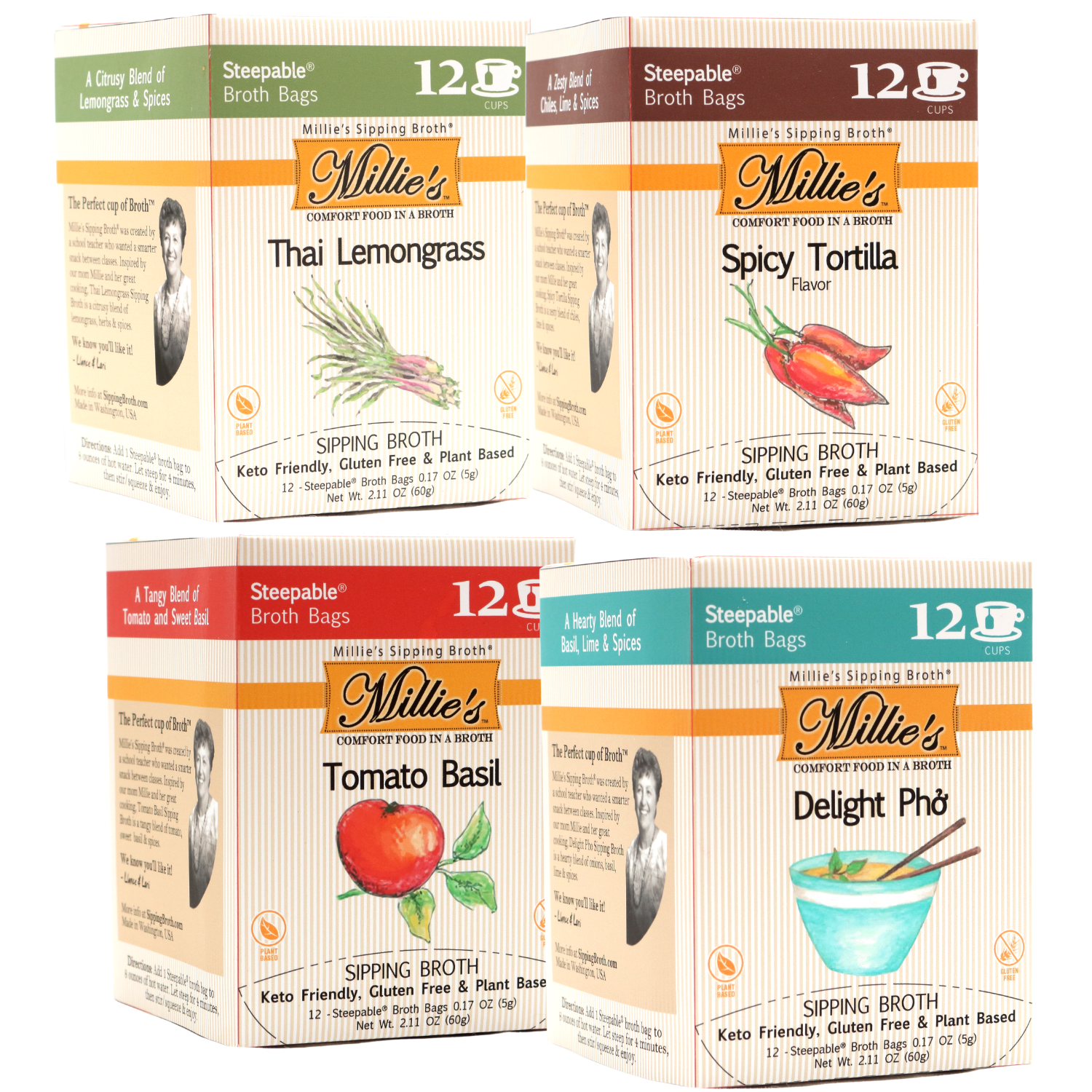 Millie's Sipping Broth 4 BOX Flavor Value Sampler (48 Servings)