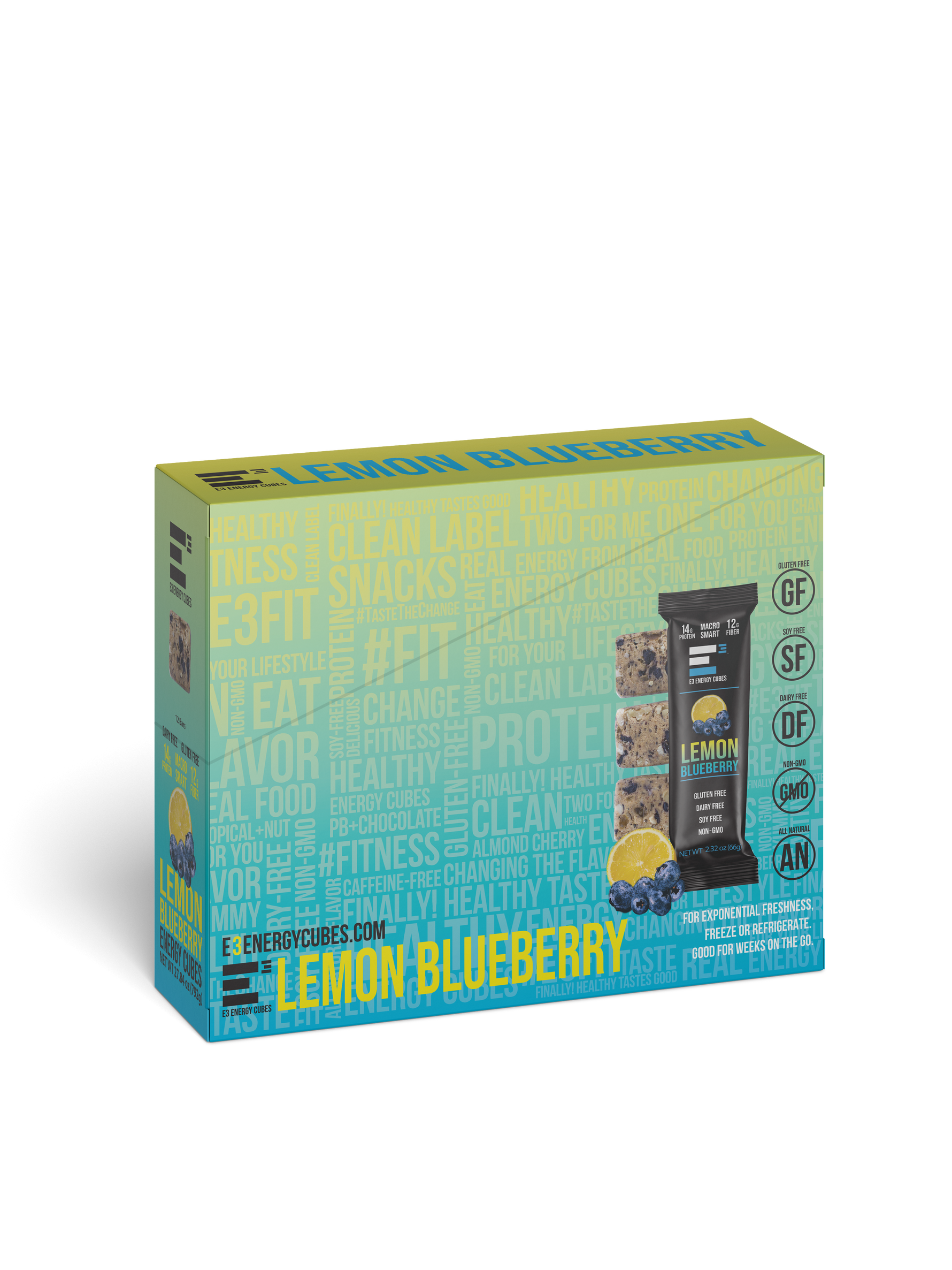 Lemon Blueberry E3 Energy Cubes | High-Fiber, All-Natural Protein Bars (12 bars)