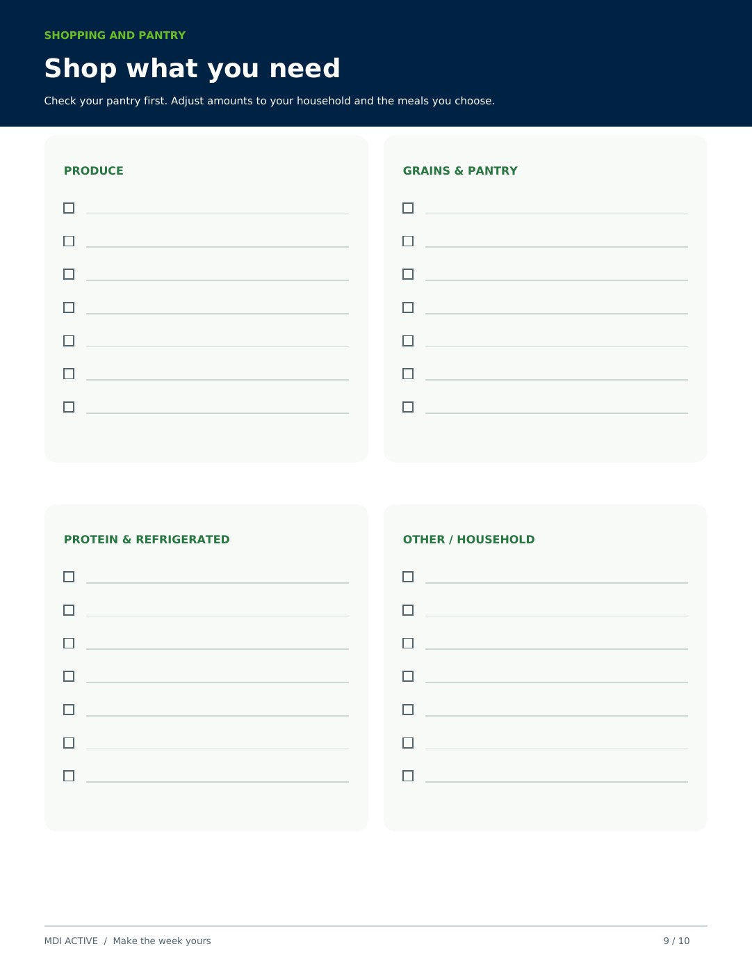 Preview of the shopping and pantry checklist page in the MDI ACTIVE workbook