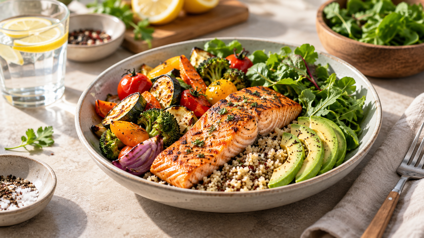 Balanced meal with salmon, vegetables, grains and avocado