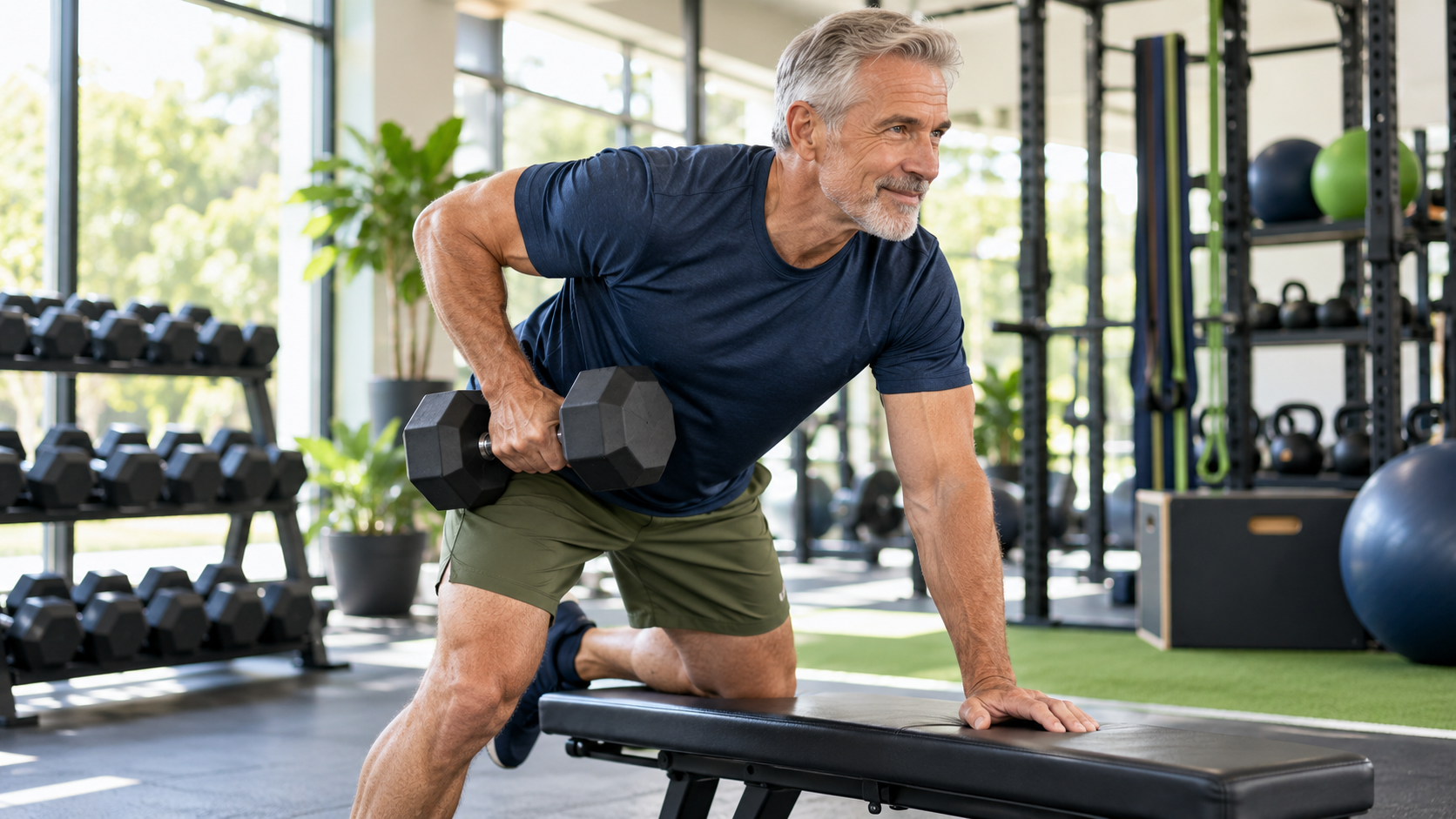 Active older adult doing a dumbbell strength exercise
